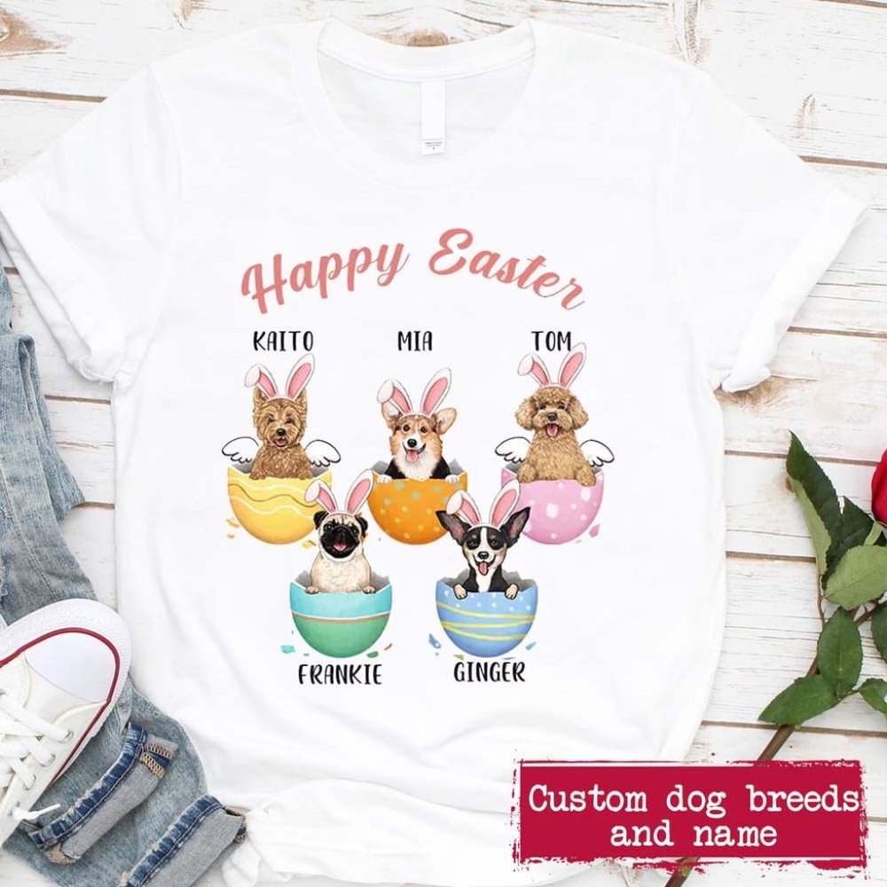Custom Name Easter Egg Dogs Breed TShirt, Personalized Dog Face Tee Shirts